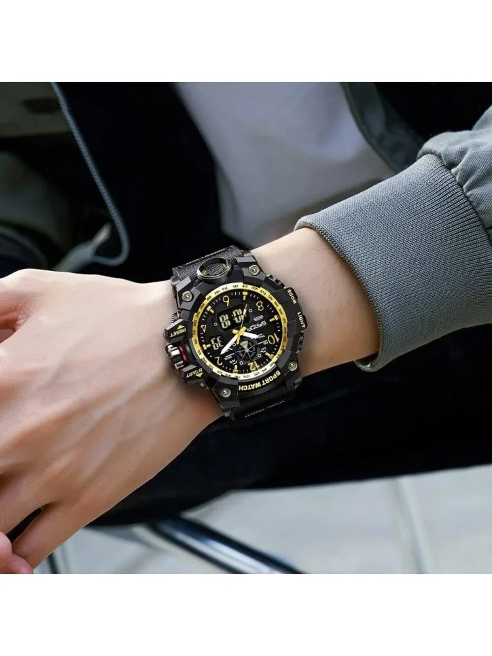 Men's Black Gold Analog Quartz Waterproof Multi Function Tactics Digital Watch